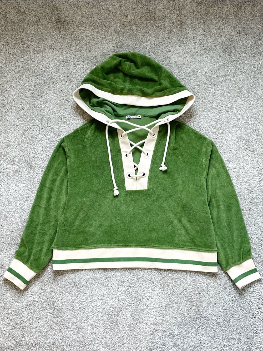 Zara Green Terry Hooded Lace-Up Pullover with Cream Trim